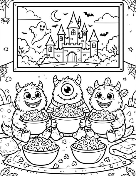 Monster Movie Night coloring page: Popcorn and a spooky flick.