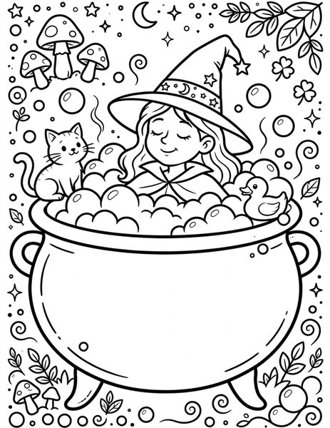 Witch's Bubble Bath coloring page: A witch soaks in her cauldron tub.