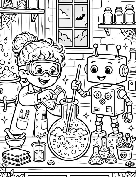 Spooky Science Lab coloring page: Fizzy potions and a robot helper.
