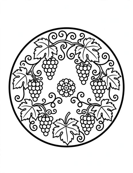 Grapevine Mandala coloring page: Grape clusters dangle in rings.