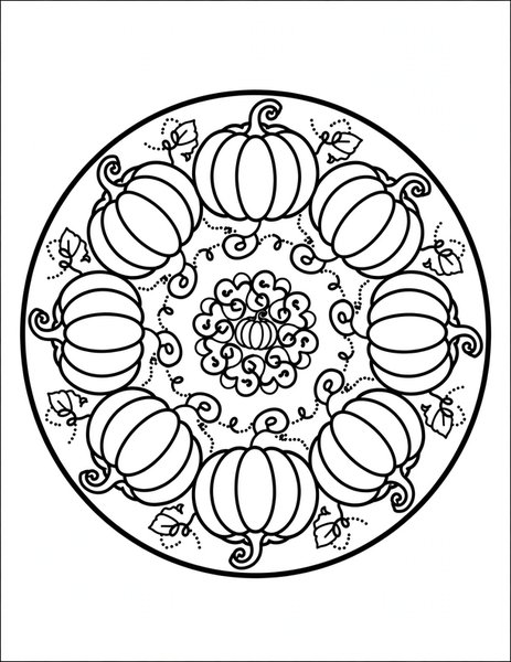 Pumpkin Patch Mandala coloring page: Plump pumpkins circle the vines.