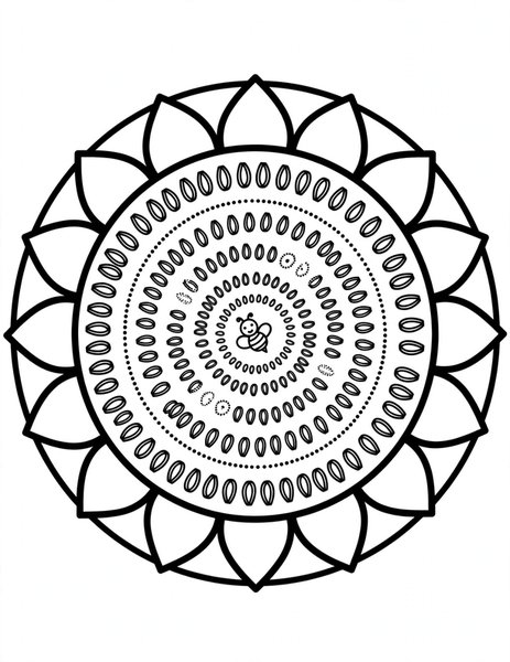 Sunflower Seed Mandala coloring page: Seeds spiral in tidy rings.