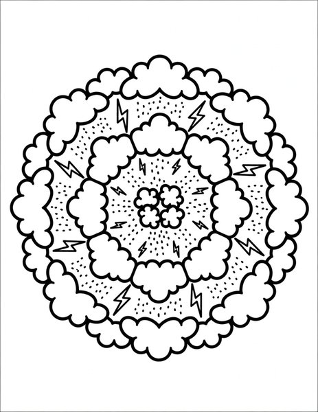 Cloud Nine Mandala coloring page: Fluffy clouds puff in a ring.