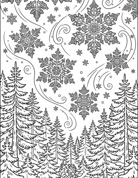 Snowflakes coloring page: Giant snowflakes swirl downward.