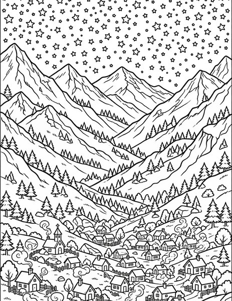 Starry Night coloring page: Stars blanket the night sky.