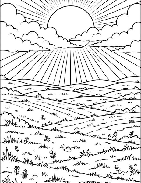 Sunrise coloring page: Dawn paints the morning sky.