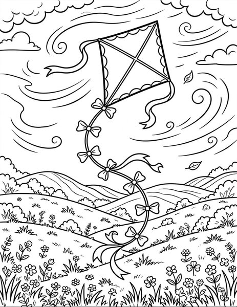 Kite Day coloring page: A kite dances in the wind.