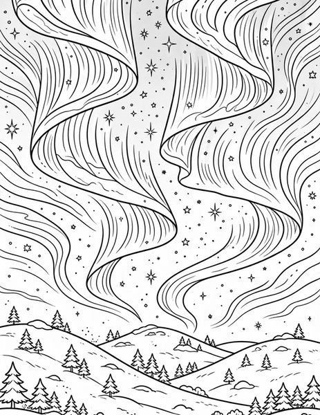 Aurora coloring page: Shimmering lights ripple overhead.