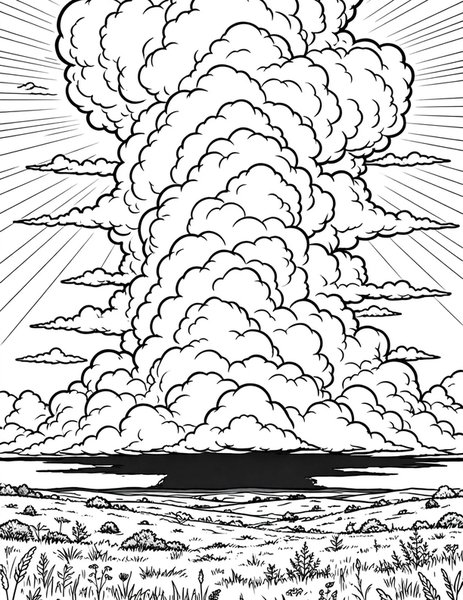 Thunderhead coloring page: A tall cloud towers at dusk.