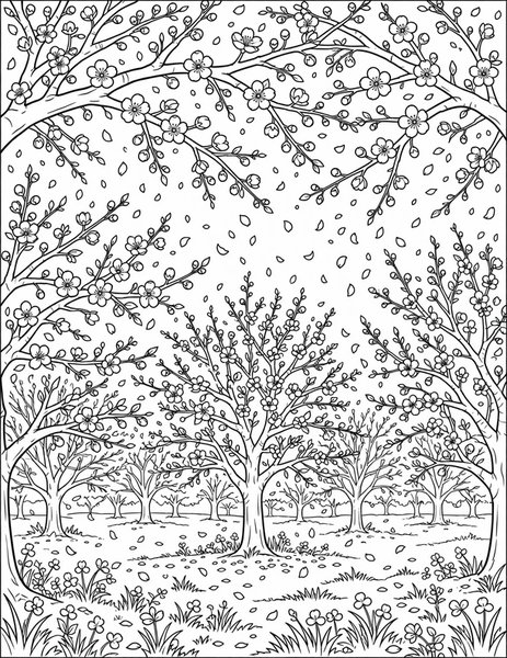 Spring Blossoms coloring page: Petals snow over the orchard.