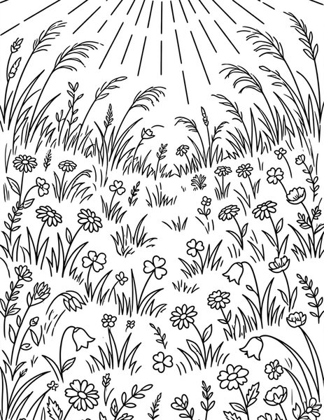 Summer Meadow coloring page: Summer buzzes in the tall grass.