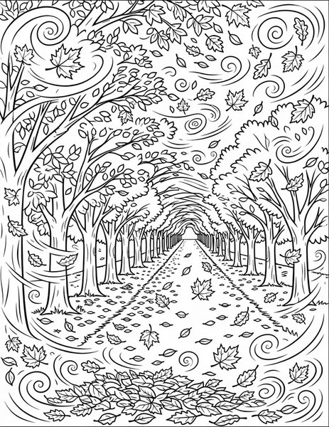 Autumn Leaves coloring page: Leaves swirl in the fall wind.