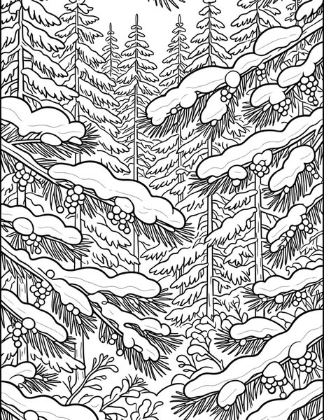 Winter Pines coloring page: Snow hushes the pine forest.