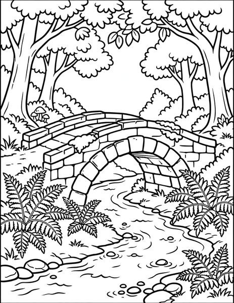 Stone Bridge coloring page: An old bridge crosses the stream.