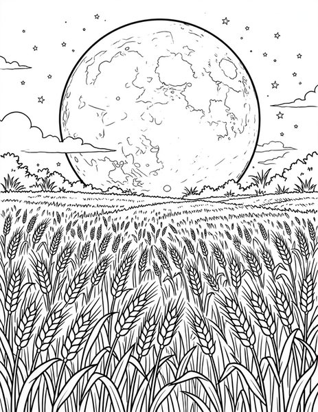 Harvest Moon coloring page: A huge moon rises over fields.