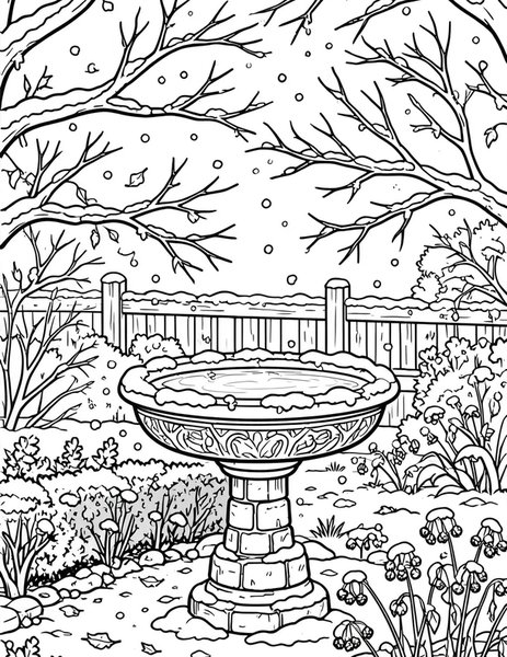 First Snow coloring page: Snow dusts the sleepy garden.