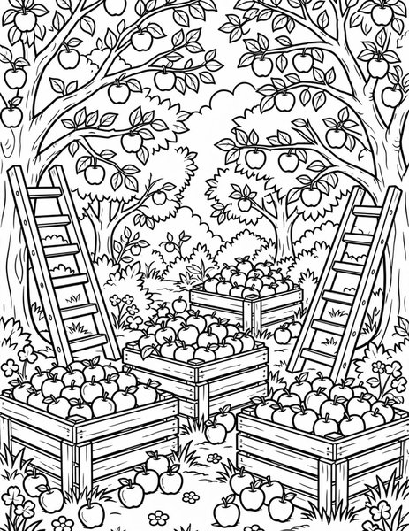 Fall Harvest coloring page: Apples fill the wooden crates.