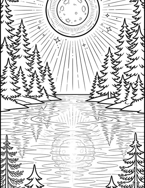 Moonlit Lake coloring page: The moon ripples on dark water.