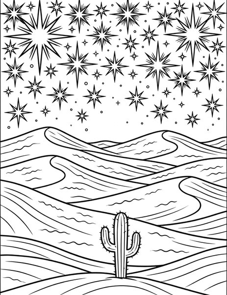 Desert Stars coloring page: Stars blaze over the dunes.
