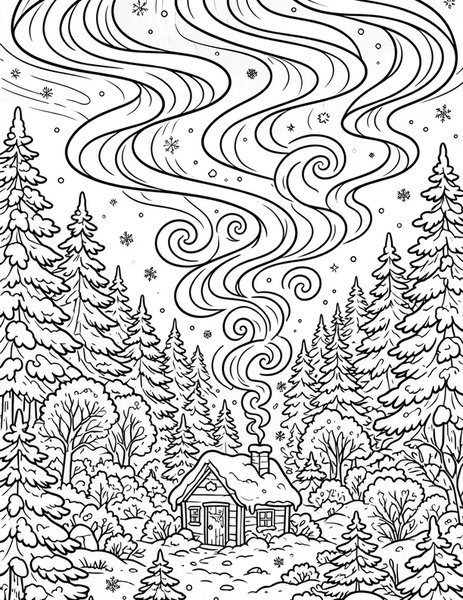 Northern Lights Cabin coloring page: Lights dance over a cabin.