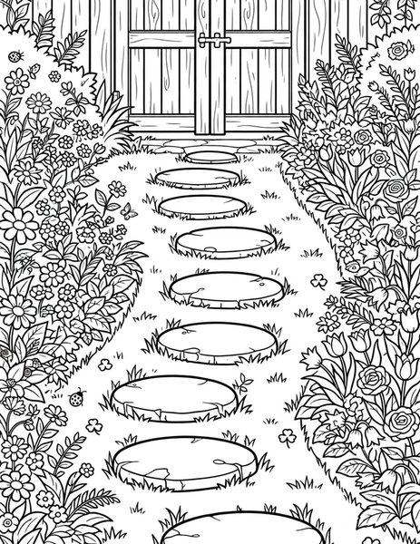 Garden Path coloring page: Stepping stones cross the lawn.