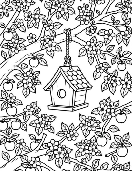 Birdhouse Tree coloring page: A birdhouse hangs in the apple tree.