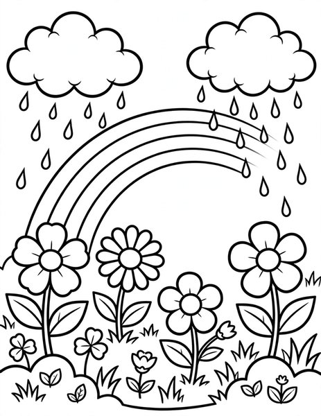 Rain Shower coloring page: Soft rain patters on the garden.