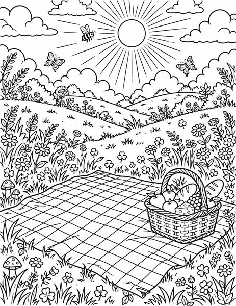 Picnic Meadow coloring page: A blanket waits in the meadow.