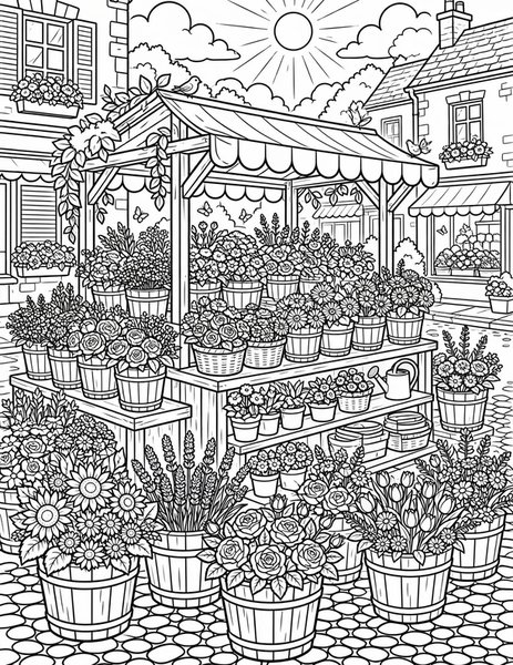 Flower Shop coloring page: Buckets of blooms line the stand.