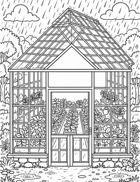 Greenhouse coloring page: Glass walls glow with green.