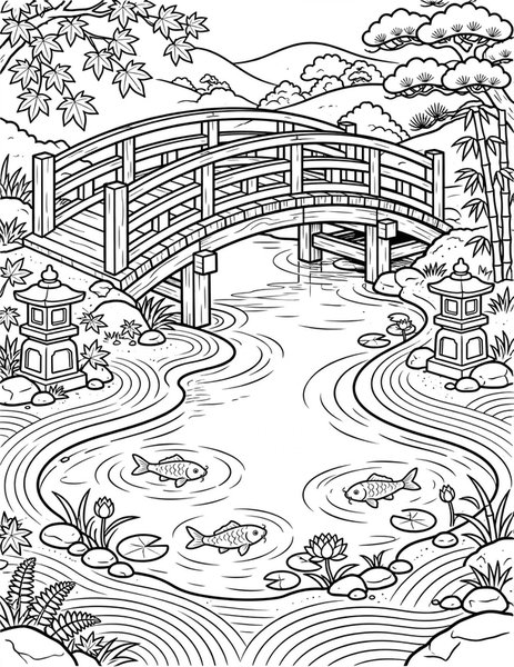 Japanese Garden coloring page: A bridge crosses the pond.