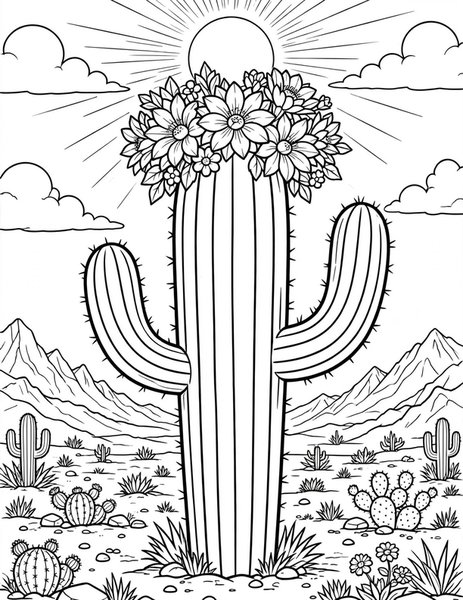 Cactus Bloom coloring page: A cactus wears a flower crown.