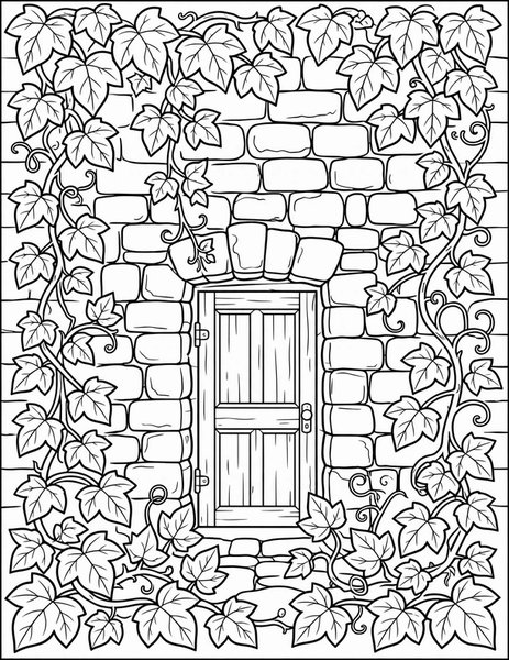 Ivy Wall coloring page: Ivy climbs the old stone wall.