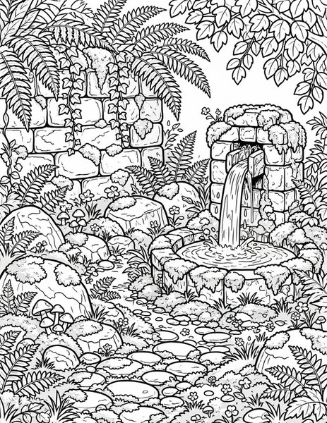 Mossy Stones coloring page: Moss carpets the old stones.