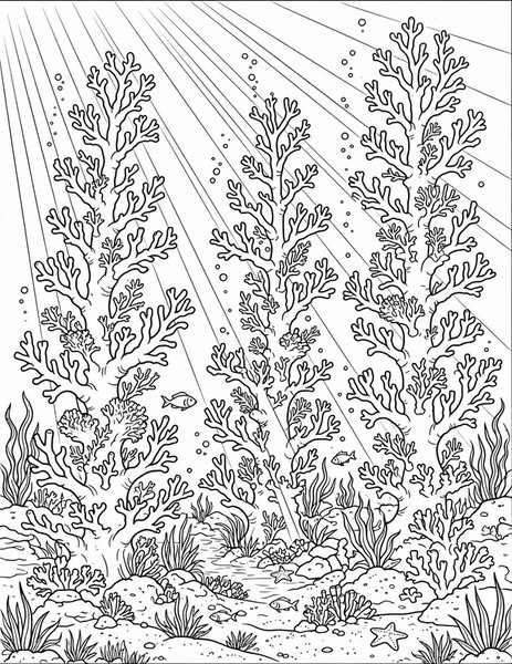 Coral Reef coloring page: Coral towers in clear water.
