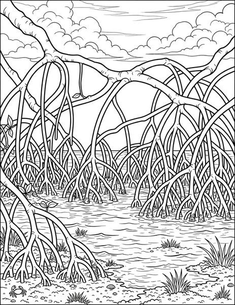 Mangrove coloring page: Roots arch over the water.