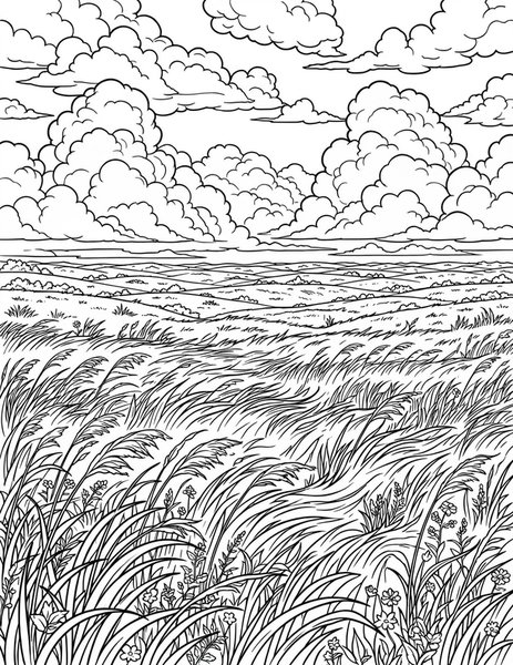 Prairie coloring page: Grass ripples to the horizon.