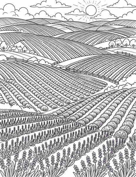 Lavender Field coloring page: Fragrant rows scent the air.