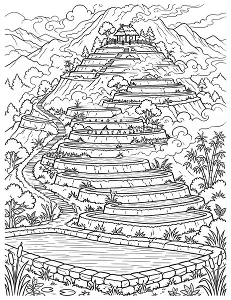 Rice Terraces coloring page: Stepped paddies climb the mountain.