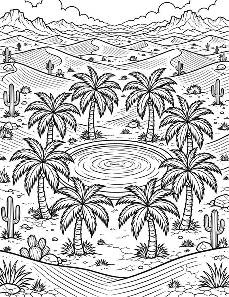 Oasis coloring page: Palms ring a desert pool.