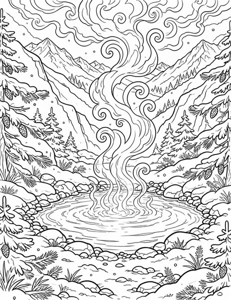 Hot Spring coloring page: Steam curls over warm water.