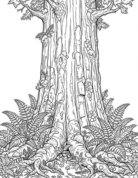 Redwood coloring page: A giant redwood touches the sky.