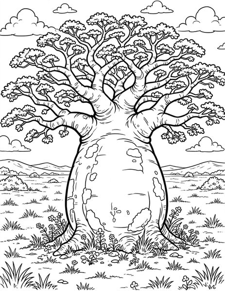 Baobab coloring page: A fat tree stores the rain.