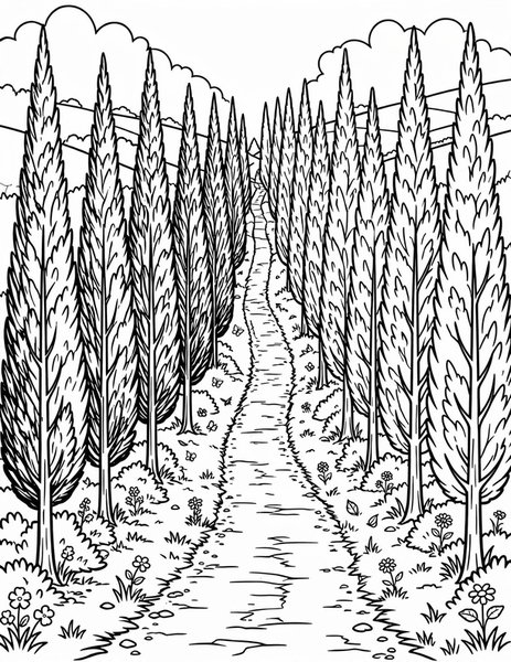 Cypress coloring page: Tall trees point at the sky.