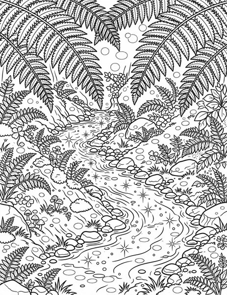 Fern Gully coloring page: Ferns arch over the stream.