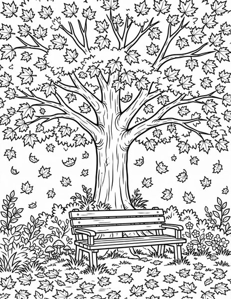 Maple Shade coloring page: A giant red maple spreads its shade over a quiet park bench.