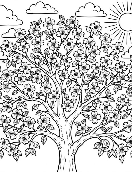 Dogwood Bloom coloring page: White dogwood blossoms glow against the spring sky.