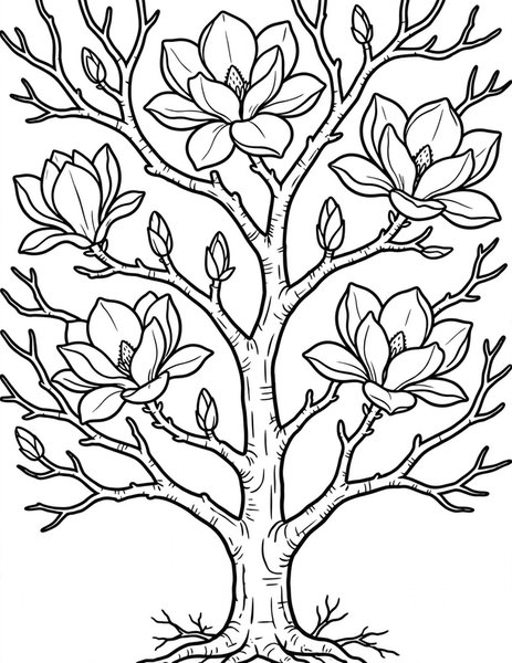 Magnolia Bloom coloring page: Huge pink magnolia flowers open on bare branches.
