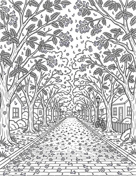 Jacaranda Avenue coloring page: Purple jacaranda blossoms rain down over a quiet street.