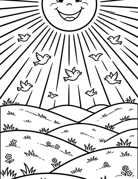 Smiling Sun coloring page: A happy sun beams over hills.